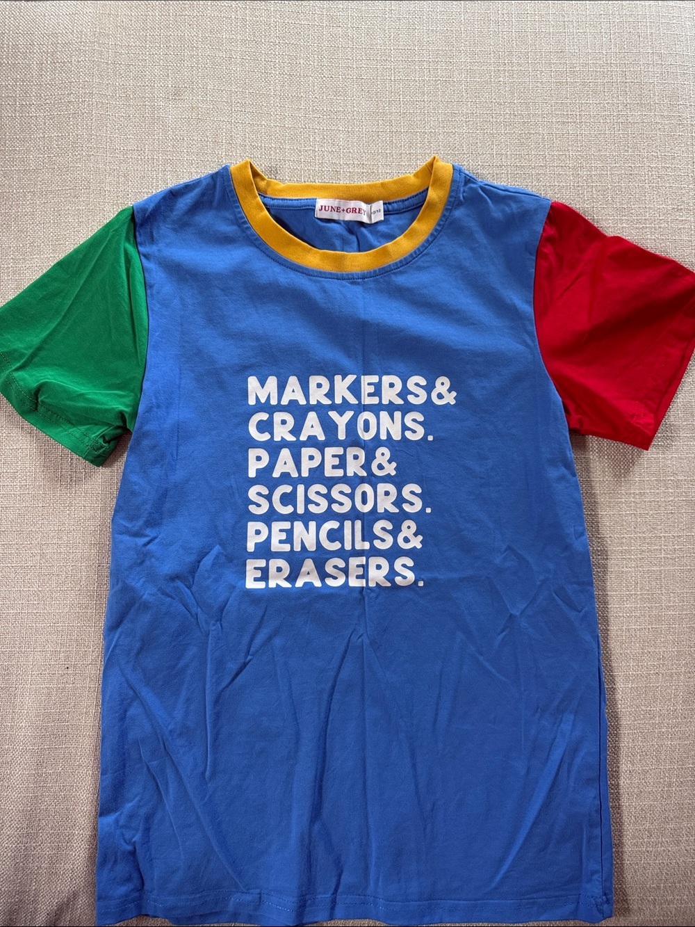 June & Grey Blue Colorblock Kids Tee with School Supplies Print